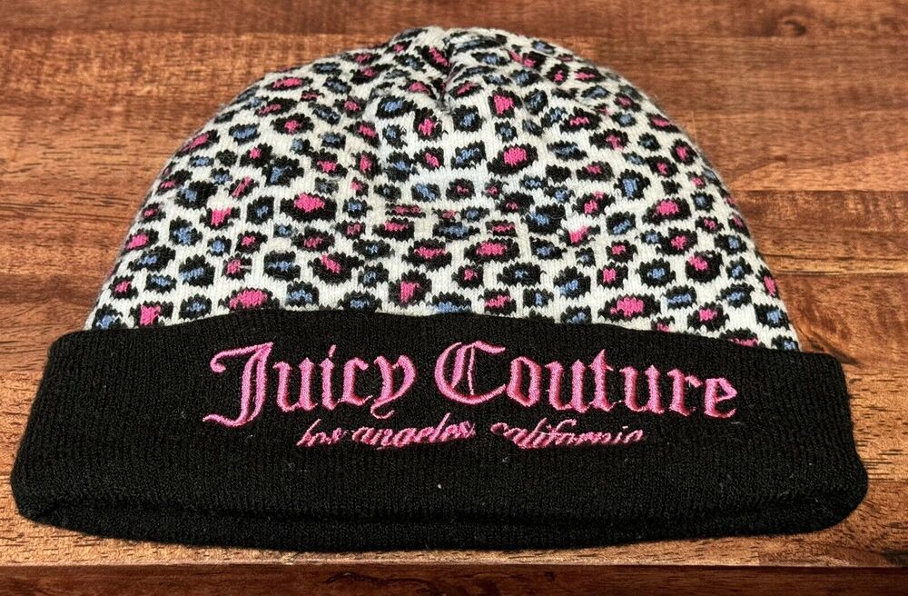Juicy Couture Pink Snow Leopard Print Knit Slouchy Beanie Pom Pom Hat KIDS